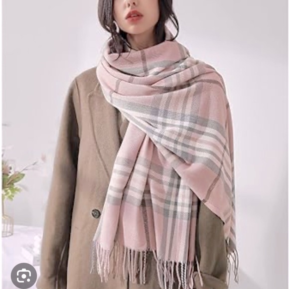 Love and Lore pink plaid blanket scarf with hit of burgandy 30” x 70” - Picture 1 of 10